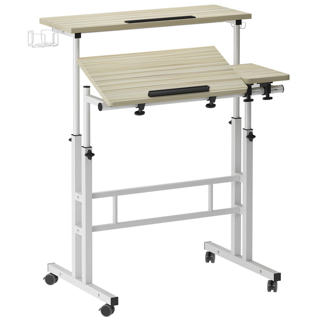soges 31.5in Height Adjustable Desk with wheels, cup holder, and headphone hook in maple finish