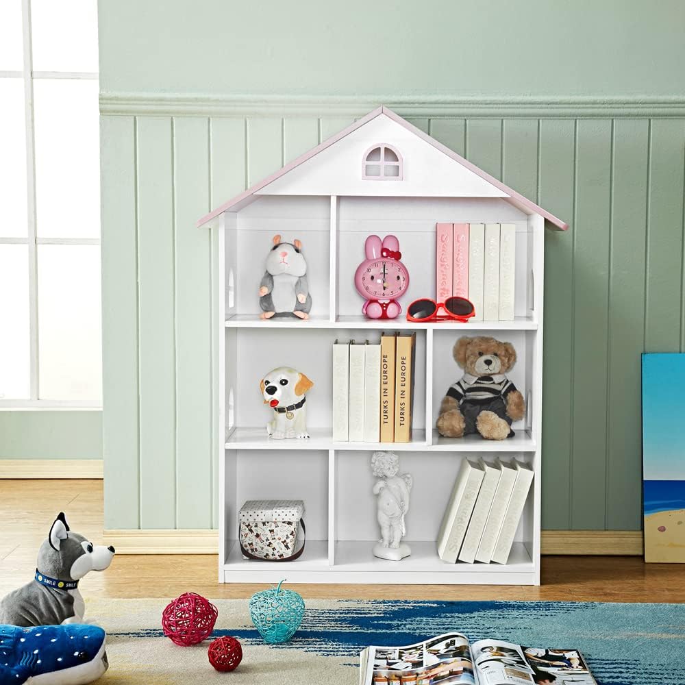 Generic Wooden Dollhouse Bookshelf - Pink White, 3-Tier Storage Organizer for Kids
