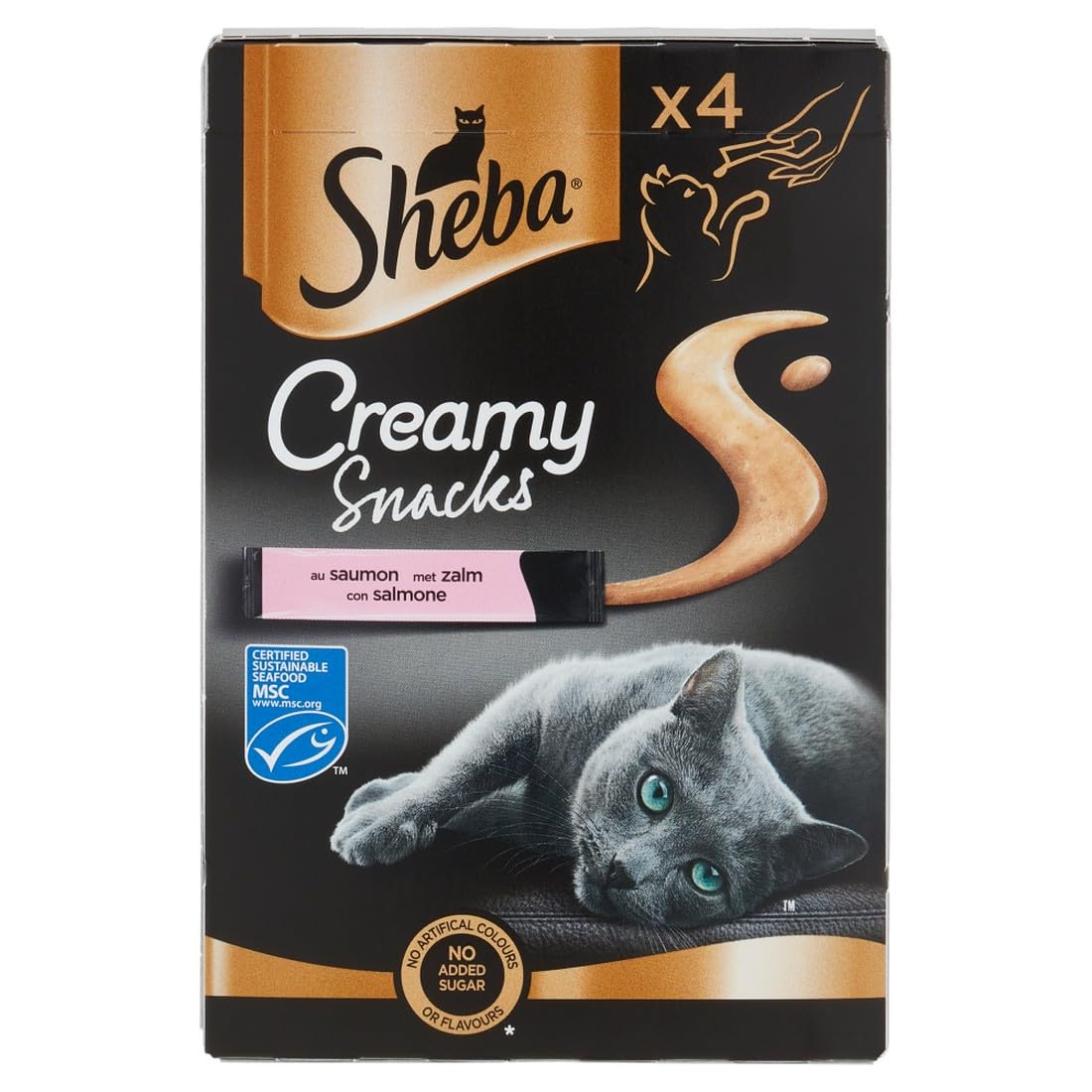 Sheba Creamy Salmon Snacks for Cats in a package, showcasing the creamy texture.