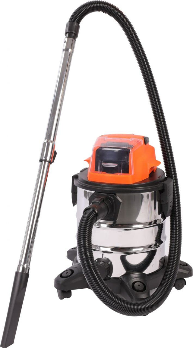Yard Force Cordless Wet/Dry Vacuum Cleaner in silver with 20L stainless steel container