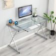 DlandHome Computer Desk with Keyboard Tray, featuring a sleek glass top and sturdy metal frame.
