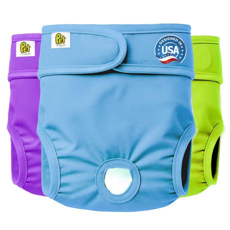 PET MAGASIN Reusable Dog Nappies in Green, Purple, and Blue colors, designed for small dogs.