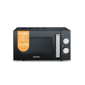 SEVERIN Microwave with Glass Base, Flatbed design in Black/Silver, suitable for large square tableware.