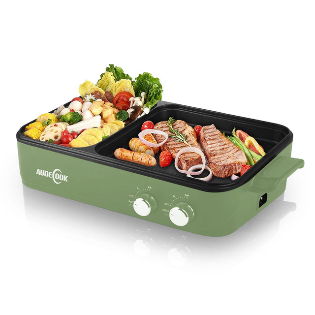 Audecook Electric Hot Pot with Grill, green color, showcasing dual cooking zones.