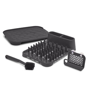 Rubbermaid Sink Set in Raven Grey, includes dish drying rack, drain board, brush, and sponge caddy.