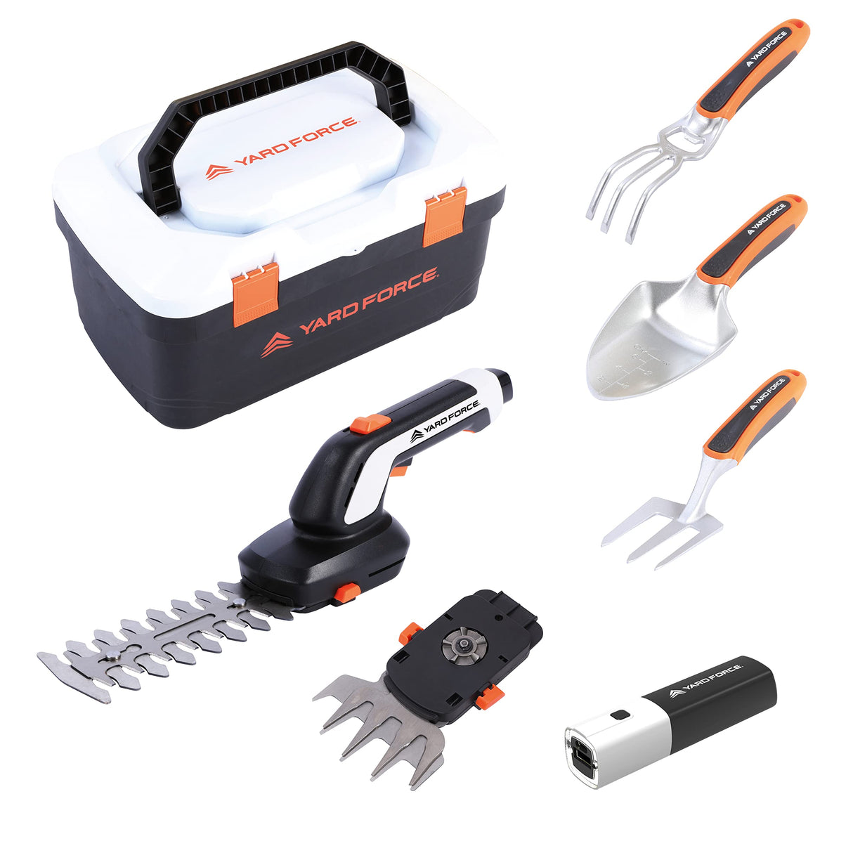 Yard Force VITA HX V05S Tool Box with battery and various gardening tools in white