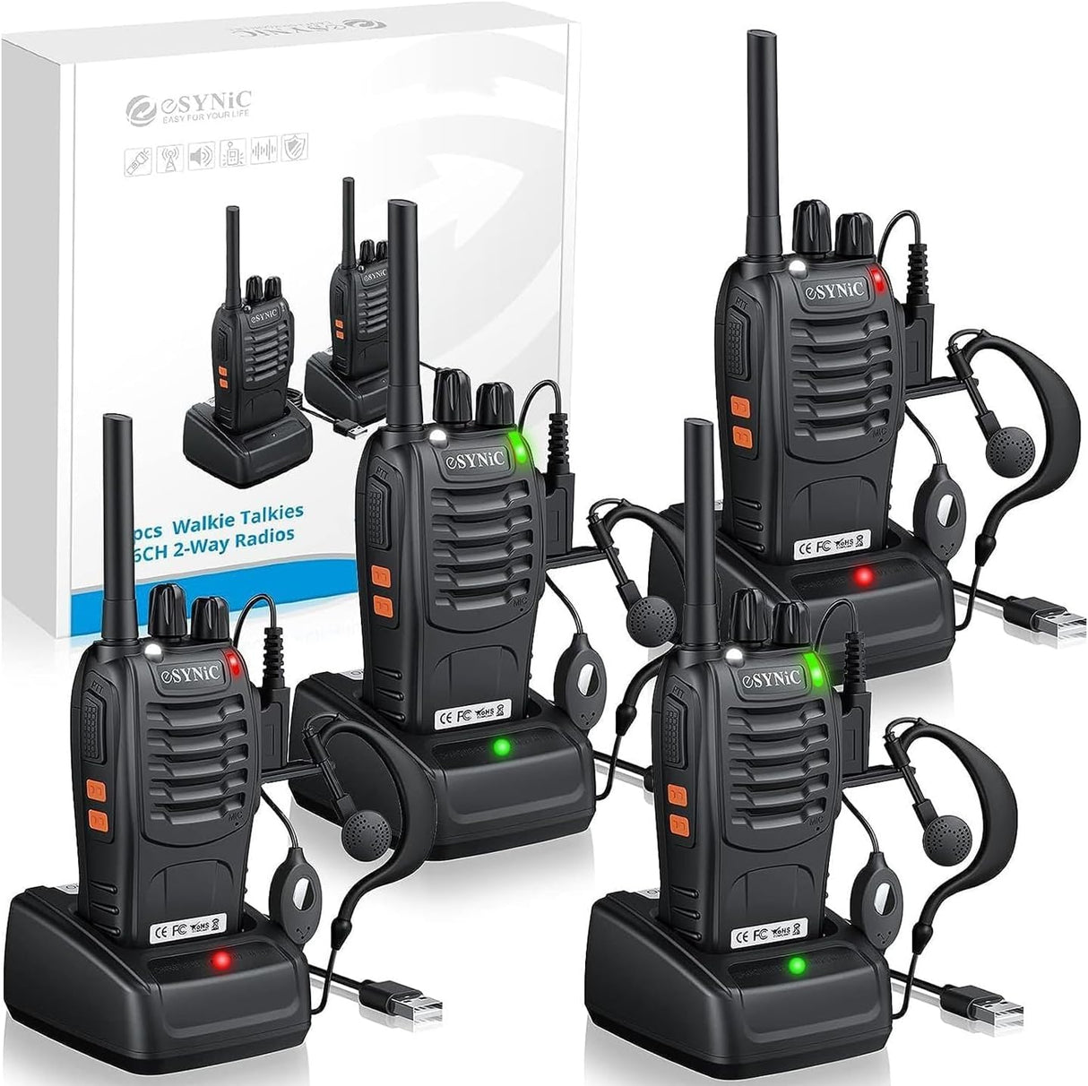 eSynic Professional Walkie Talkies - 4-Pack with 16 Channels and Earpieces