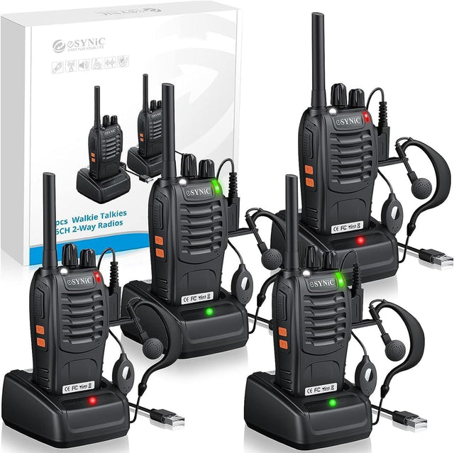 eSynic Professional Walkie Talkies - 4-Pack with 16 Channels and Earpieces