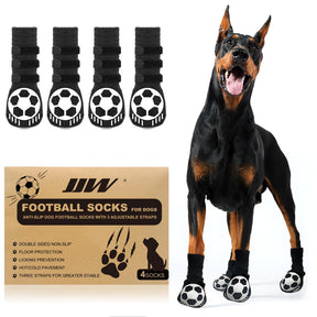 JJW Non Slip Football Socks for Dogs in black with adjustable straps, designed for hardwood floors.