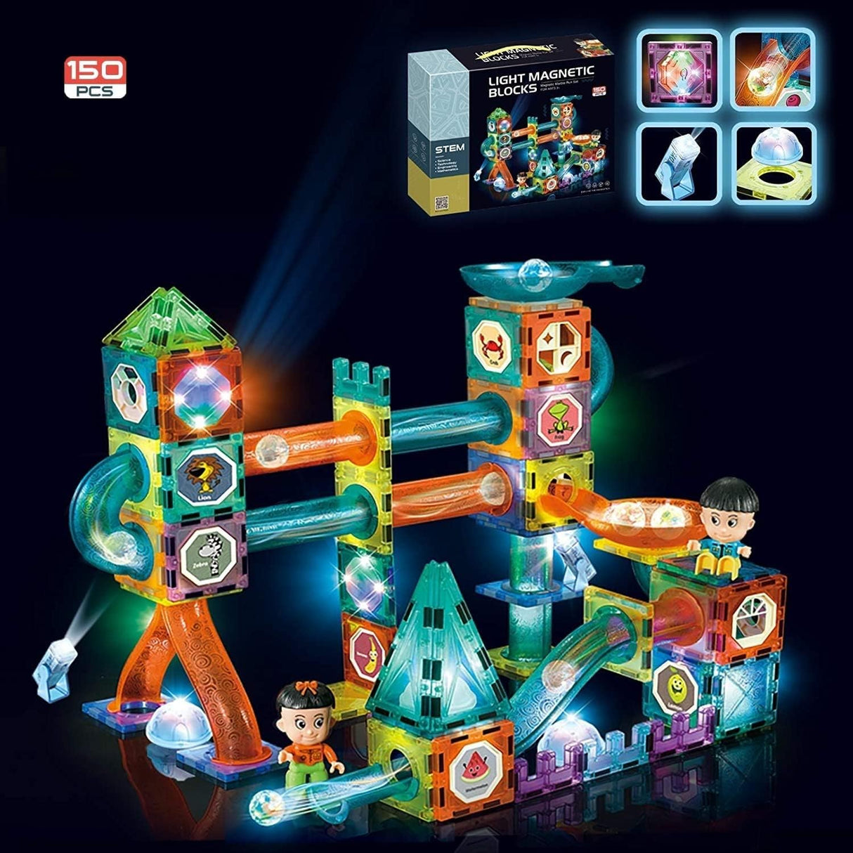 Jelers Pipe Magnetic Building Blocks Set - 150 Pcs with Luminous Balls