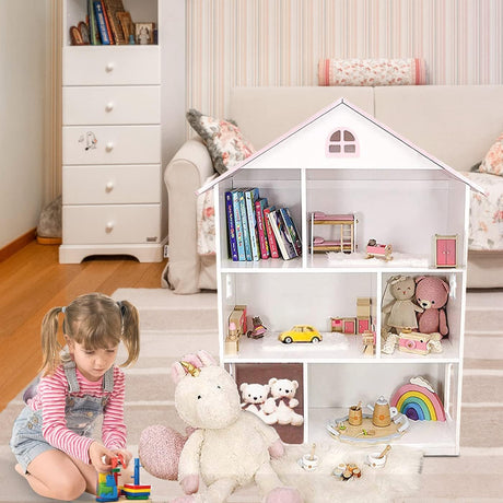 Generic Wooden Dollhouse Bookshelf - Pink White, 3-Tier Storage Organizer for Kids