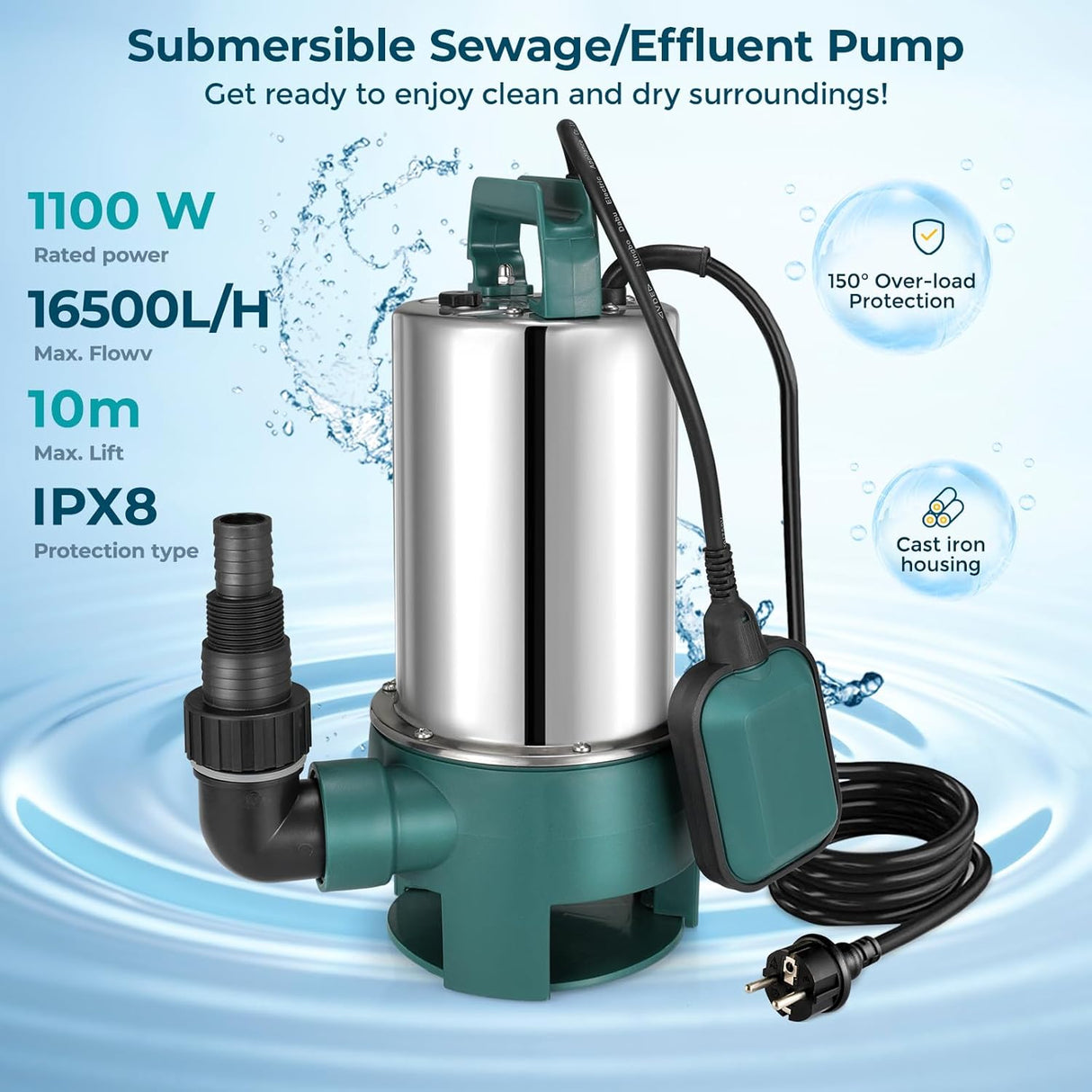 AquaFlow Submersible Dirty Water Drain Pump - stainless steel construction