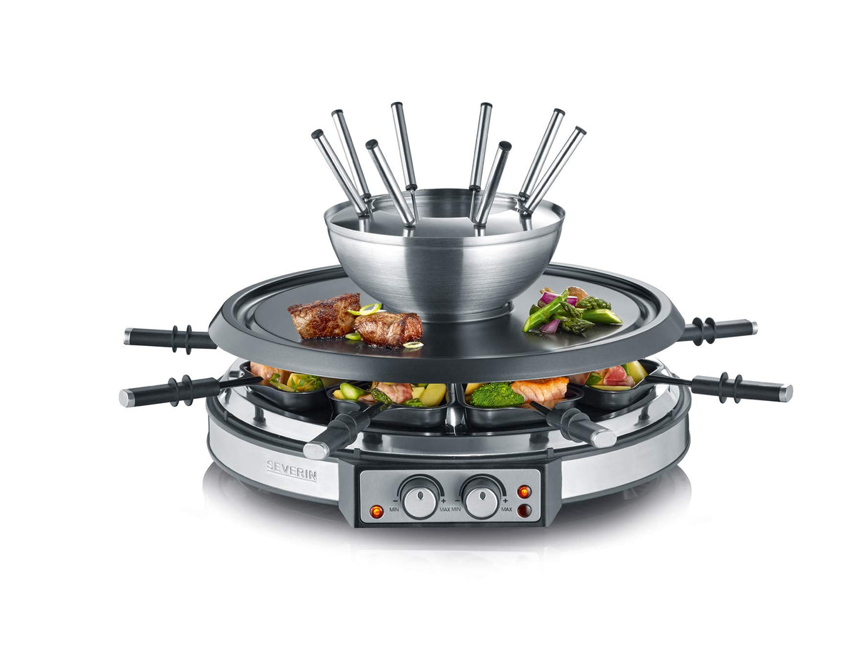 SEVERIN RG 2348 Raclette and Fondue Grill in stainless steel with 8 pans and forks