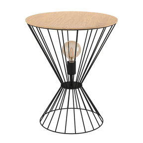 EGLO Desierto illuminated side table in black metal and brown wood, featuring a unique design and ambient lighting.