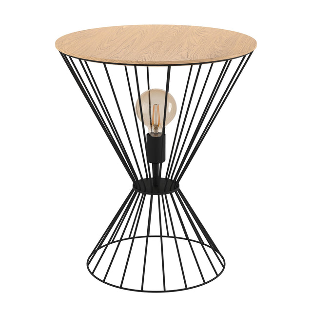 EGLO Desierto illuminated side table in black metal and brown wood, featuring a unique design and ambient lighting.