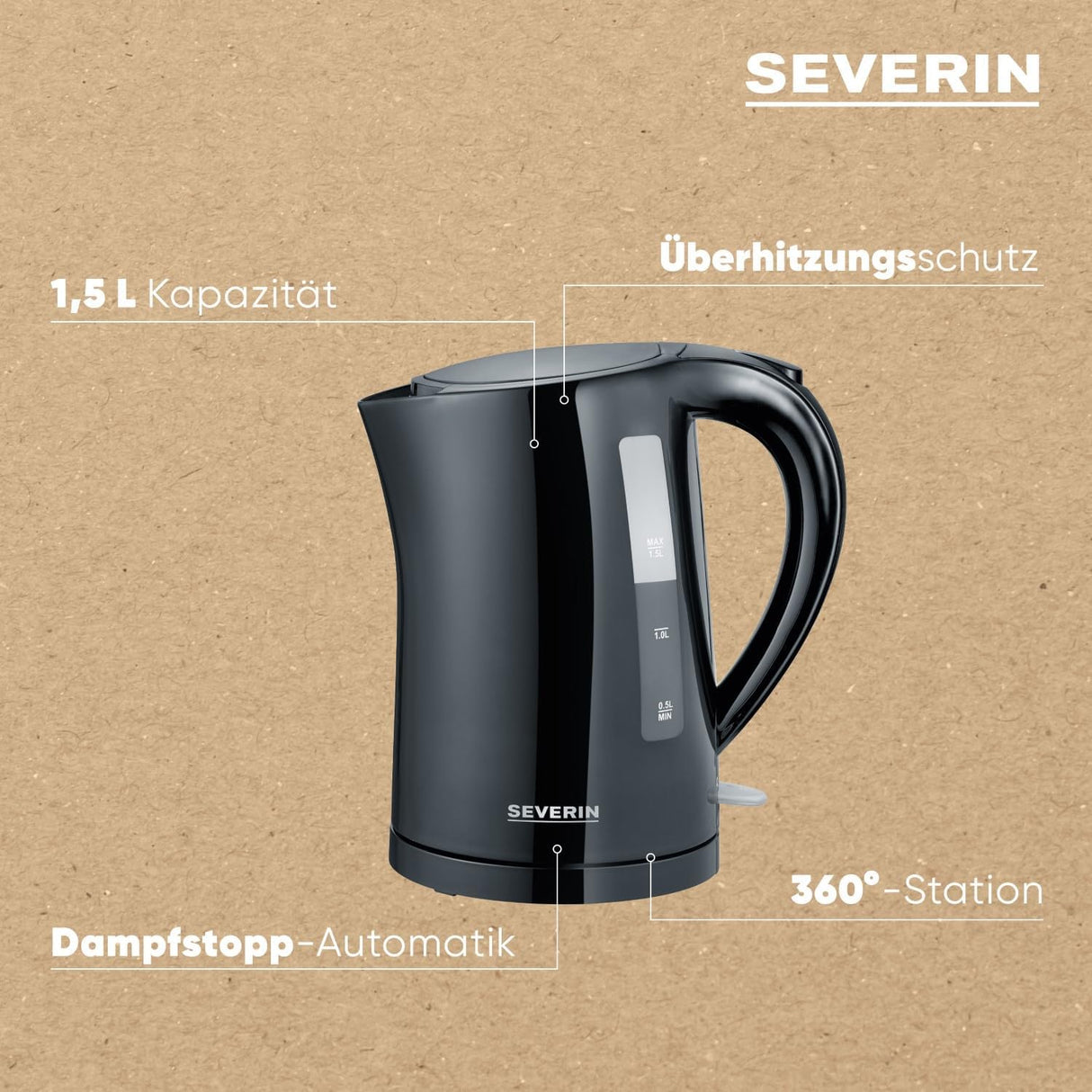 Severin Electric Kettle 1.5 Liter Black - Compact Design with 2200W Power
