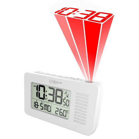 Miraval Wireless Projection Alarm Clock in white with illuminated display and dual alarm feature