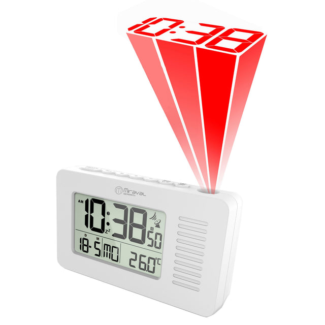 Miraval Wireless Projection Alarm Clock in white with illuminated display and dual alarm feature