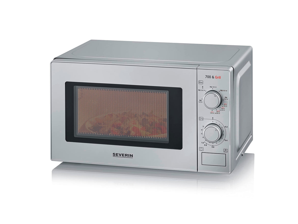 SEVERIN MW 7900 2-in-1 Microwave with Grill in Silver, featuring cooking grate and turntable.