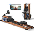 MERACH Foldable Wood Rowing Machine with water resistance and built-in monitor