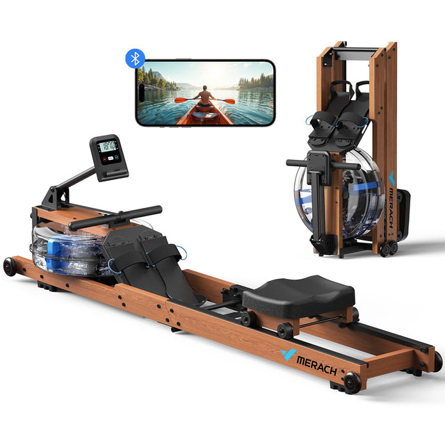 MERACH Foldable Wood Rowing Machine with water resistance and built-in monitor