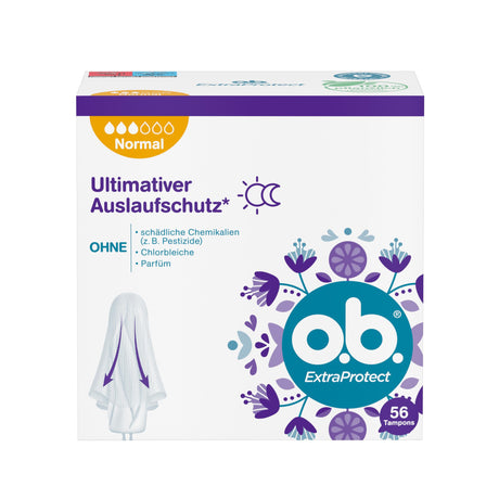 o.b. ExtraProtect Normal Tampons Pack of 56 with advanced leak protection features