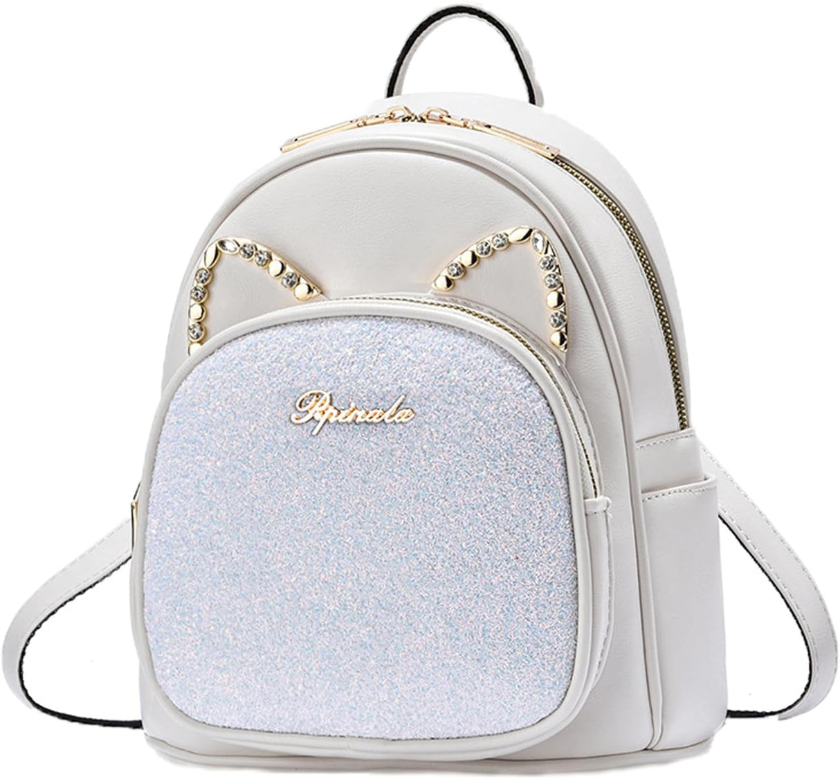 Alessia Cara Mini Cartoon Cat Ears Backpack - White PU Leather with Sequin Decoration