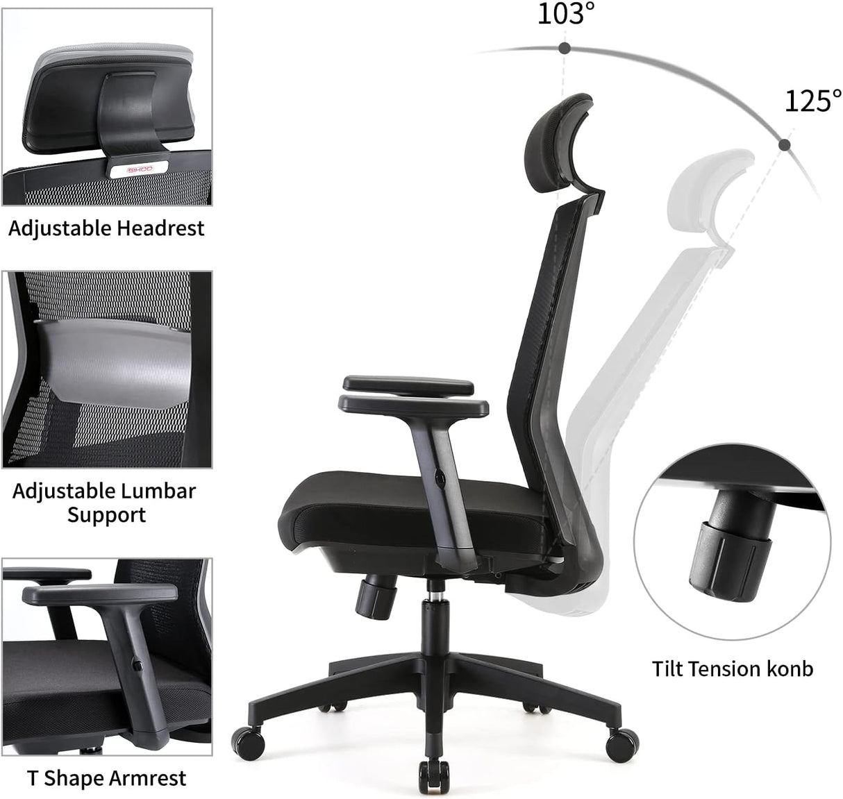 SIHOO Ergonomic Office Chair - Black with Adjustable Lumbar Support