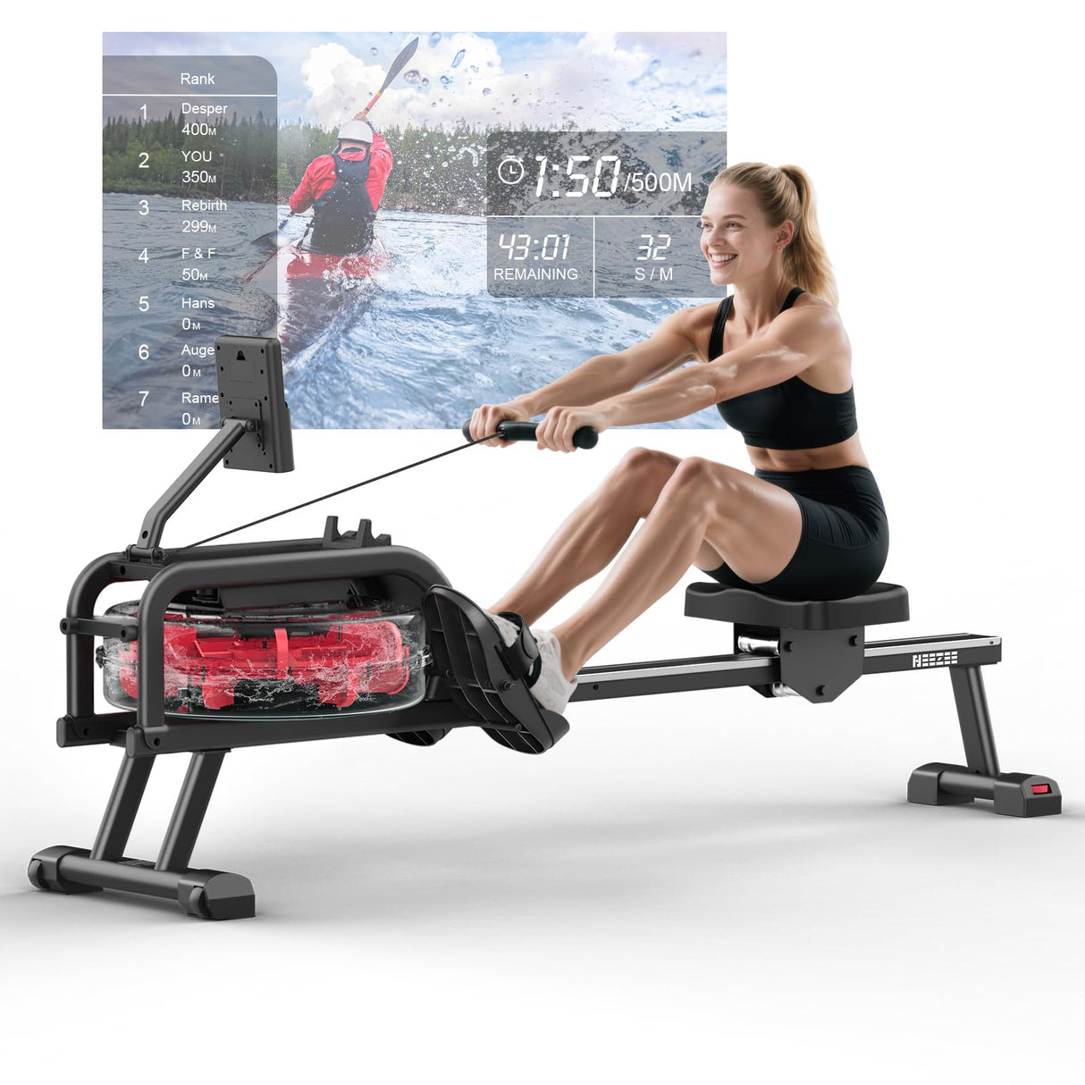 Neezee Water Rowing Machine with aluminum rail and LCD display