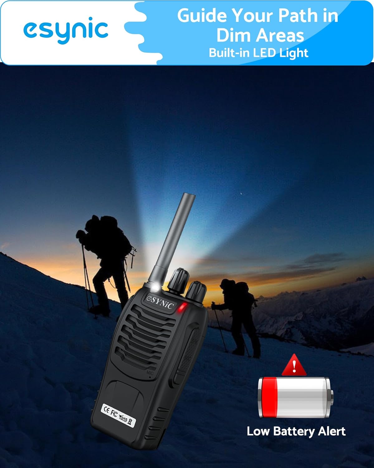 eSynic Professional Walkie Talkies - 4-Pack with 16 Channels and Earpieces