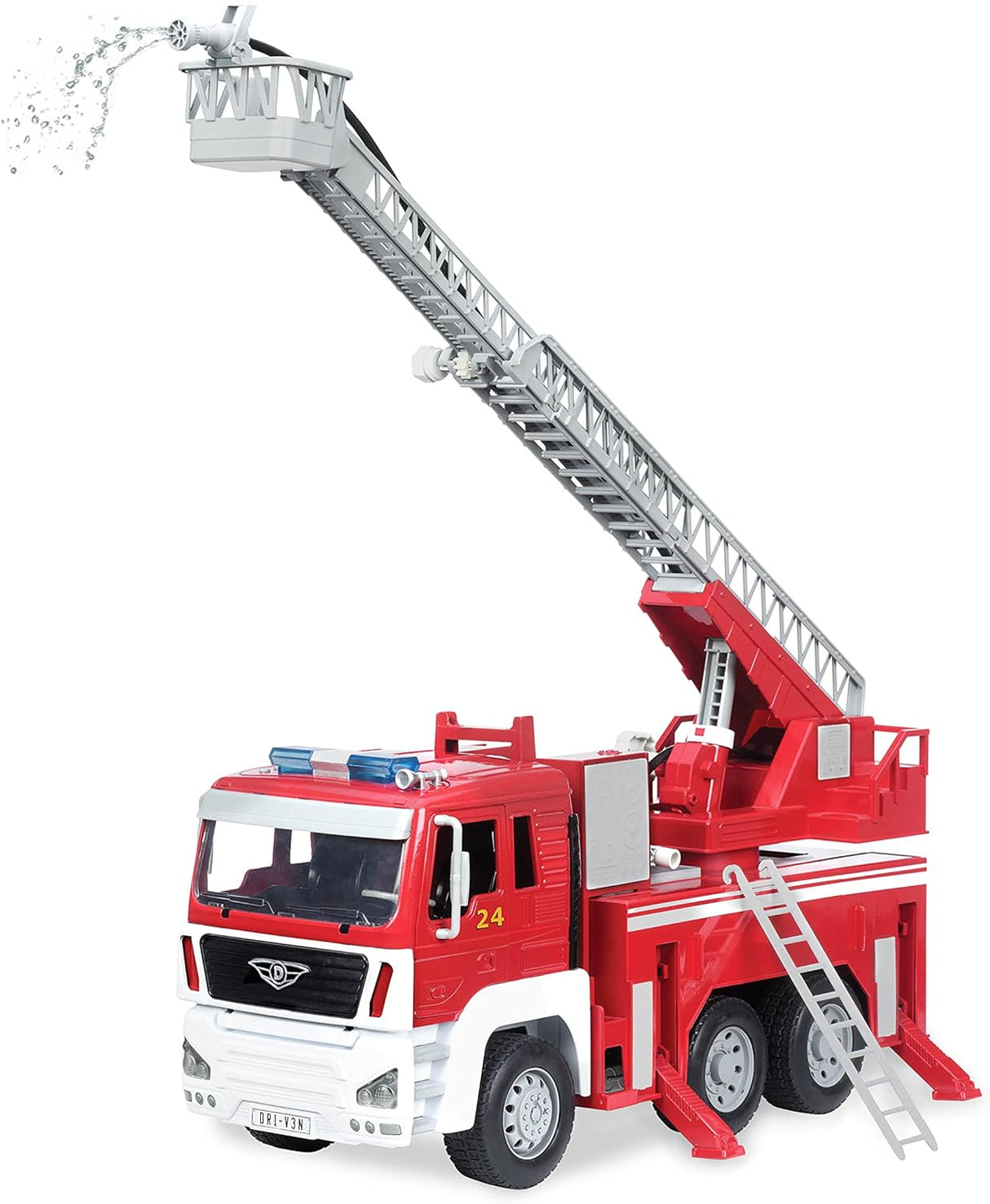 Red toy fire truck with ladder, lights, and water pump features