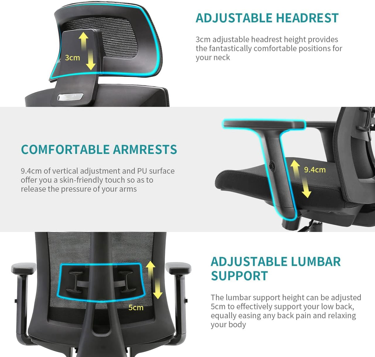 Umi Ergonomic Mesh Office Chair - Black with adjustable headrest and lumbar support