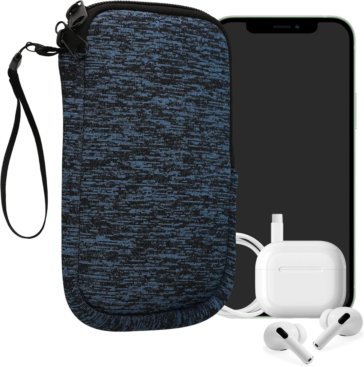 kwmobile Universal Neoprene Phone Pouch - Deep Ocean/Black with Zipper
