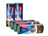 Vileda green waste bags made from recycled material, featuring reinforced pockets and eco-friendly design.