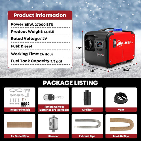SILVEL 8KW 12V All-in-One Diesel Air Heater with 5L Tank - Portable Vehicle Heating