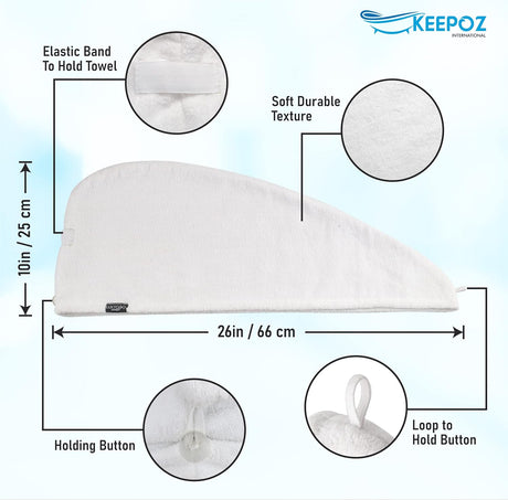 KEEPOZ 100% Cotton Quick Dry Super Absorbent Hair Turban - White