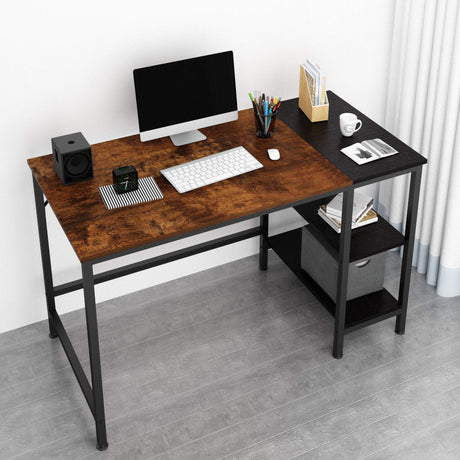 JOISCOPE Computer Desk in Vintage Oak Finish with wooden shelves and industrial design