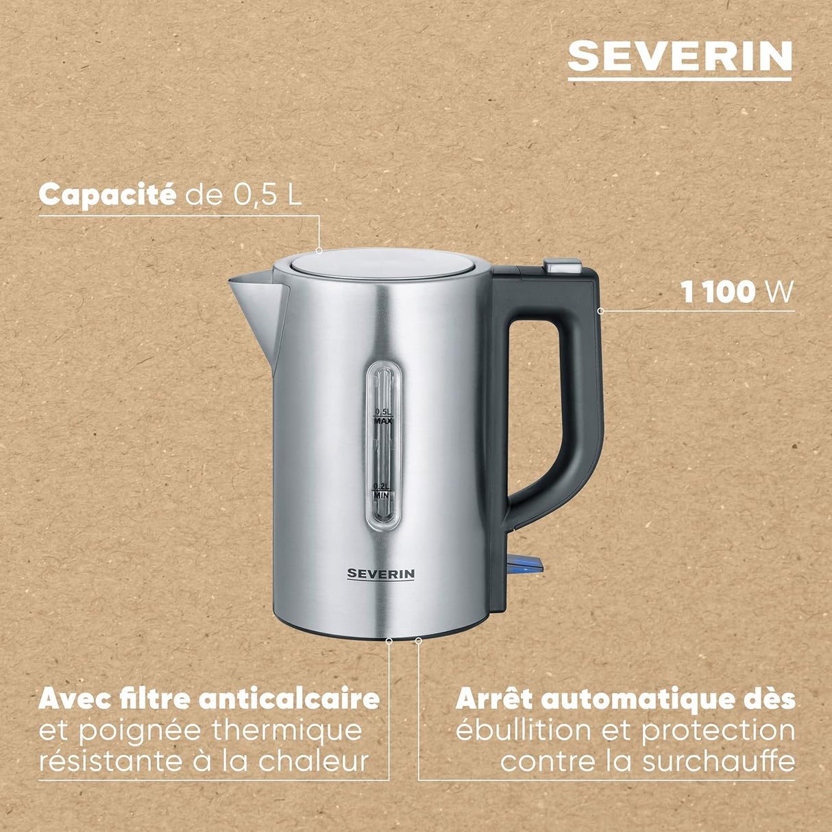 Severin Travel Kettle - Stainless steel, 0.5L capacity, dual voltage
