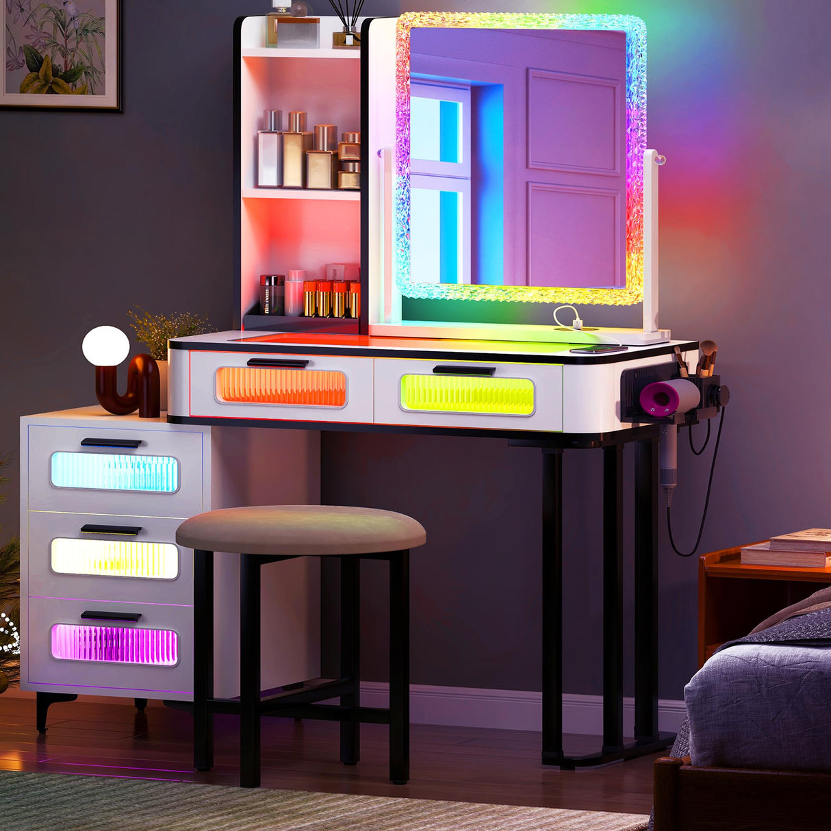 sogesfurniture RGB Makeup Vanity Table in Rustic Brown with wireless charging and USB ports
