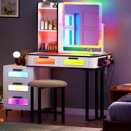 sogesfurniture RGB Makeup Vanity Table in Rustic Brown with wireless charging and USB ports
