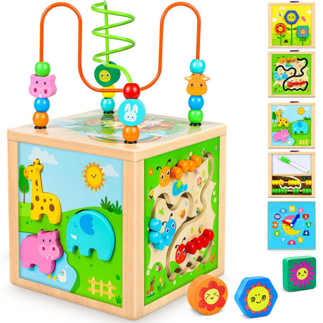 Colorful wooden activity cube with bead maze, shape sorter, and abacus for toddlers