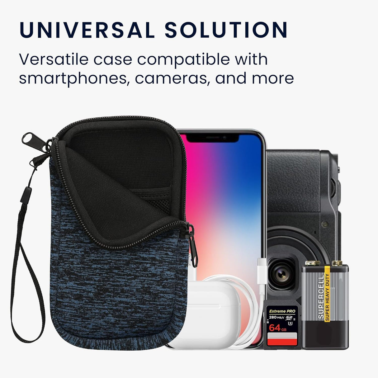 kwmobile Universal Neoprene Phone Pouch - Deep Ocean/Black with Zipper
