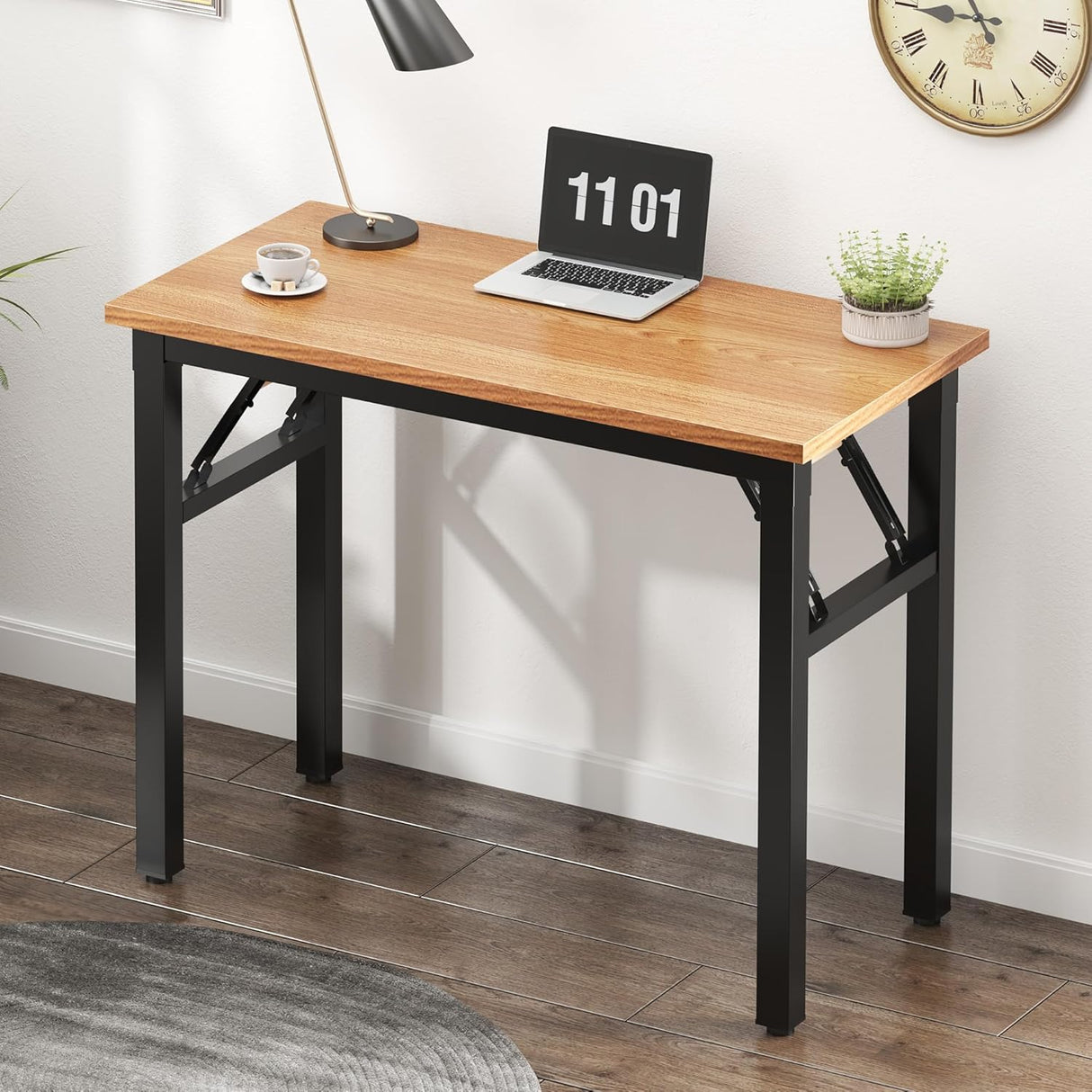 Need Folding Computer Desk - 31.5 Inch Teak Wood Top, Black Frame, No Assembly