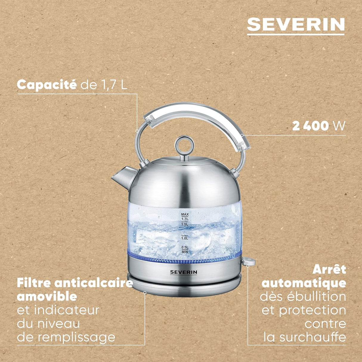 Severin Retro Glass Stainless Steel Electric Kettle WK3459 - Glass and Stainless Steel